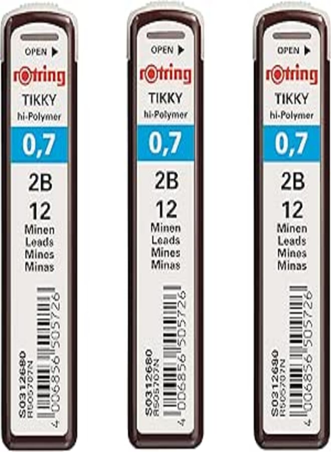 Rotring Tikky 0.7mm 2B Hi-Polymer Strong Dark Pencil Lead Refills for Mechanical Pencils - 36 Leads in Total - Pack of 3 Tubes